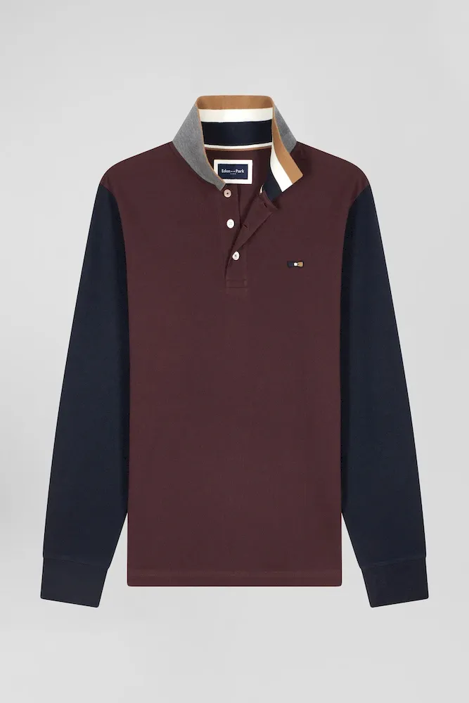 Polo Manches Longues En Piqué Coton Bicolore Bordeaux Col Jacquard Coupe Regular