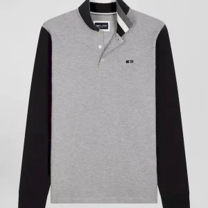 Alternative view of Polo manches longues en piqué coton bicolore noir col jacquard coupe Regular