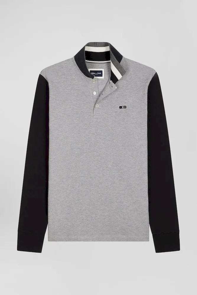 Polo Manches Longues En Piqué Coton Bicolore Noir Col Jacquard Coupe Regular
