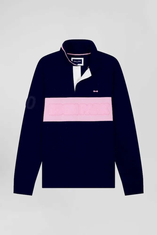 Polo Manches Longues En Piqué Coton Bleu Marine Broderie Matelassée Coupe Regular