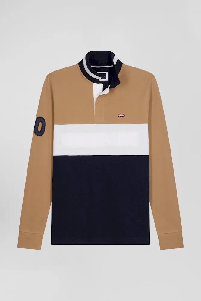 Polo Manches Longues En Piqué Coton Camel Broderie Matelassée Coupe Regular