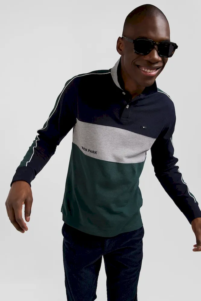 Polo manches longues en piqué coton vert chiné coupe Regular – Bild 3