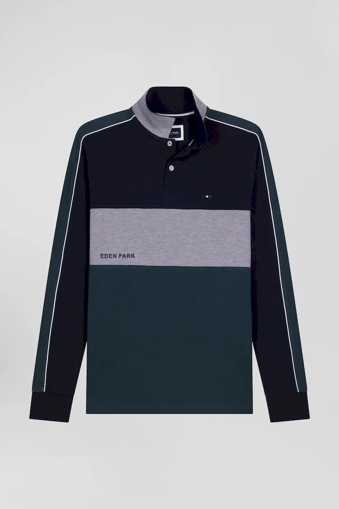 Polo Manches Longues En Piqué Coton Vert Chiné Coupe Regular