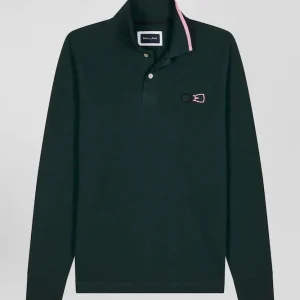 Alternative view of Polo manches longues en piqué coton vert détails roses coupe Regular