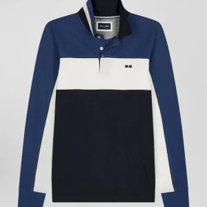 Alternative view of Polo manches longues tricolore en piqué coton bleu coupe Regular