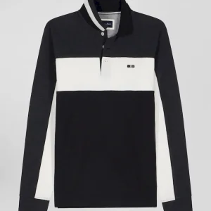 Alternative view of Polo manches longues tricolore en piqué coton noir coupe Regular