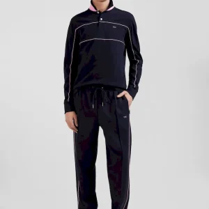 Polo manches longues en piqué coton marine passepoil rose coupe Regular