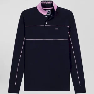 Alternative view of Polo manches longues en piqué coton marine passepoil rose coupe Regular