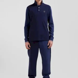 Polo manches longues en piqué coton bleu marine col jacquard écusson gomme coupe Regular