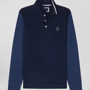 Alternative view of Polo manches longues en piqué coton bleu marine col jacquard écusson gomme coupe Regular