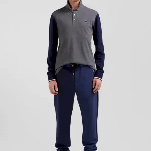 Polo manches longues en piqué coton gris col jacquard écusson gomme coupe Regular