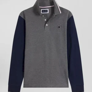 Alternative view of Polo manches longues en piqué coton gris col jacquard écusson gomme coupe Regular