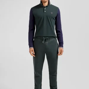 Polo manches longues en piqué coton vert col jacquard écusson gomme coupe Regular