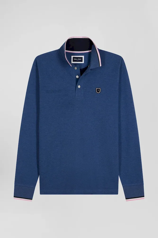 Polo Manches Longues En Piqué Coton Bleu Foncé Détails Tricolores Coupe Regular