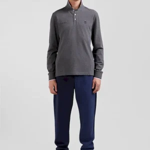 Polo manches longues en piqué coton gris détails tricolores coupe Regular