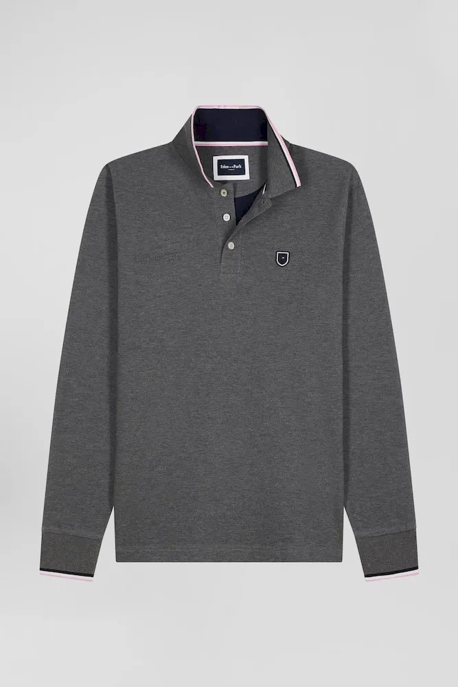 Polo Manches Longues En Piqué Coton Gris Détails Tricolores Coupe Regular
