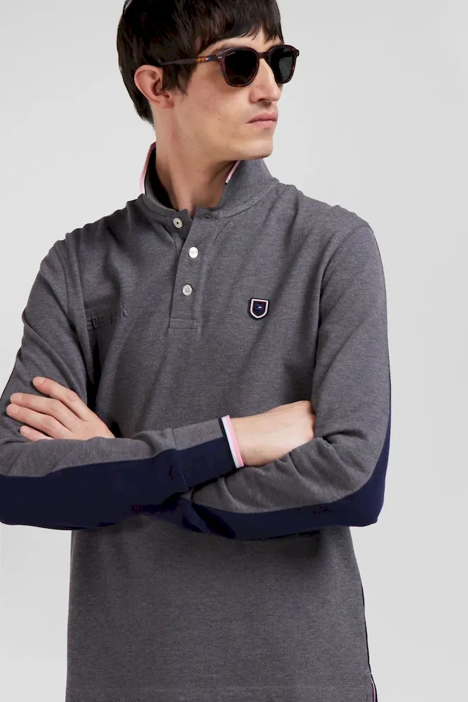 Polo manches longues en piqué coton gris détails tricolores coupe Regular – Bild 3