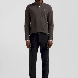 Polo manches longues en piqué coton marron détails tricolores coupe Regular