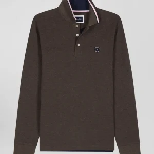 Alternative view of Polo manches longues en piqué coton marron détails tricolores coupe Regular