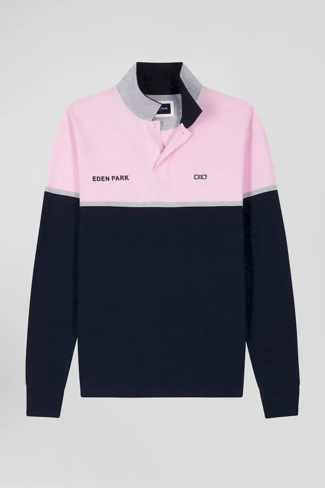 Polo Manches Longues Bicolore En Piqué Coton Bleu Marine Coupe Regular
