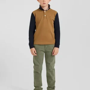 Polo manches longues en piqué coton noisette col tricolore jacquard Eden Park coupe Regular