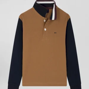 Alternative view of Polo manches longues en piqué coton noisette col tricolore jacquard Eden Park coupe Regular
