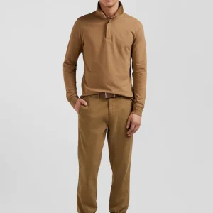 Polo manches longues en piqué coton noisette coupe Slim