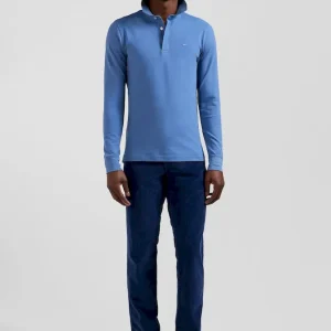 Polo manches longues en piqué coton bleu coupe Slim