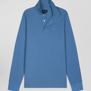 Alternative view of Polo manches longues en piqué coton bleu coupe Slim