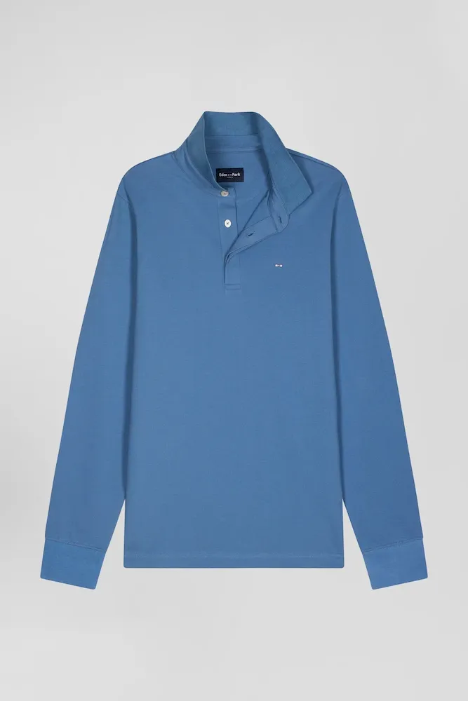 Polo Manches Longues En Piqué Coton Bleu Coupe Slim