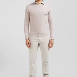 Pull col rond en laine et coton beige coupe Regular