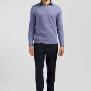 Pull col rond en laine et coton bleu clair coupe Regular