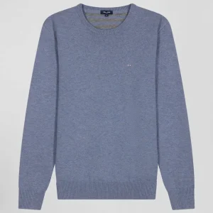 Alternative view of Pull col rond en laine et coton bleu clair coupe Regular