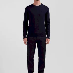 Pull col rond en laine et coton bleu marine coupe Regular