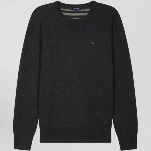 Alternative view of Pull col rond en laine et coton gris anthracite coupe Regular