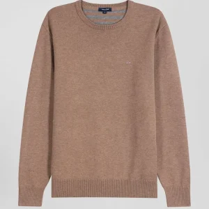 Alternative view of Pull col rond en laine et coton marron coupe Regular