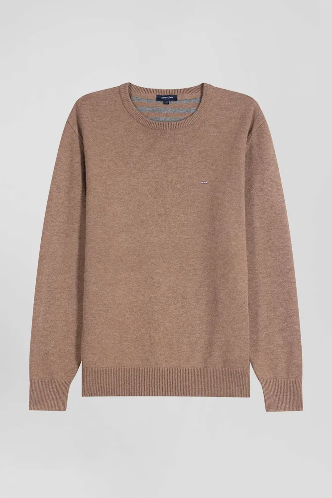 Pull Col Rond En Laine Et Coton Marron Coupe Regular