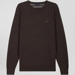 Alternative view of Pull col rond en laine et coton brun coupe Regular