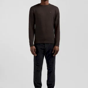 Pull col rond en laine et coton brun coupe Regular