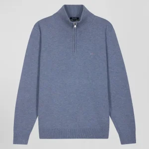 Alternative view of Pull col camionneur zippé en laine et coton bleu clair coupe Regular