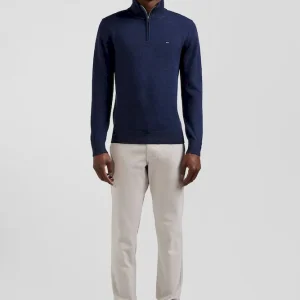 Pull col camionneur zippé en laine et coton bleu foncé coupe Regular