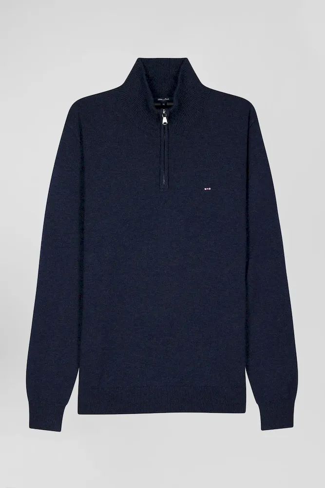 Pull Col Camionneur Zippé En Laine Et Coton Bleu Foncé Coupe Regular