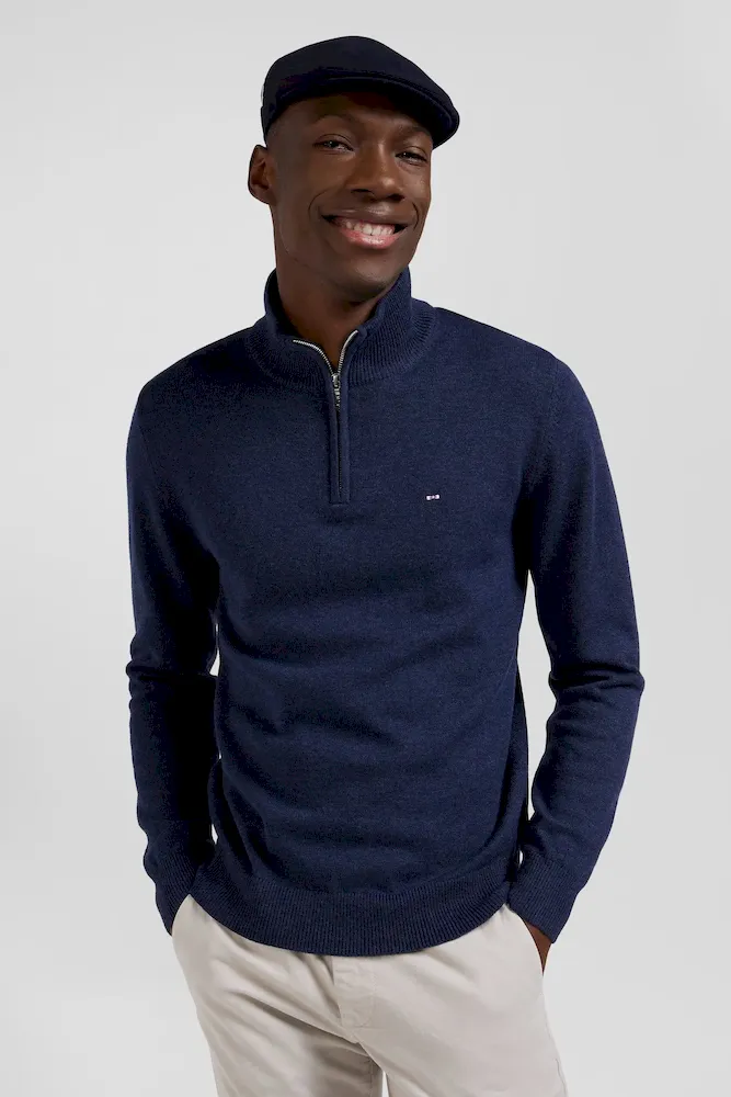 Pull col camionneur zippé en laine et coton bleu foncé coupe Regular – Bild 3