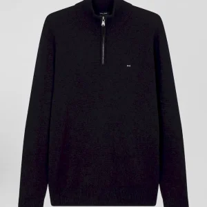 Alternative view of Pull col camionneur zippé en laine et coton bleu marine coupe Regular