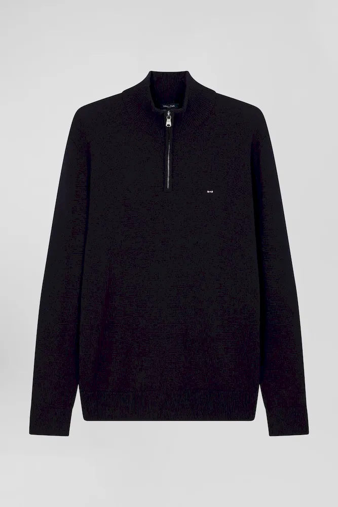 Pull Col Camionneur Zippé En Laine Et Coton Bleu Marine Coupe Regular