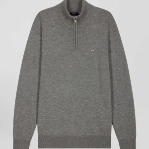 Pull col camionneur zippé en laine et coton gris clair coupe Regular