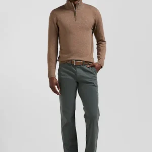 Pull col camionneur zippé en laine et coton marron coupe Regular