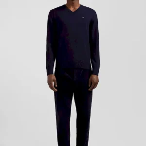 Pull col V en laine et coton bleu marine demi-lune cerclée coupe Regular