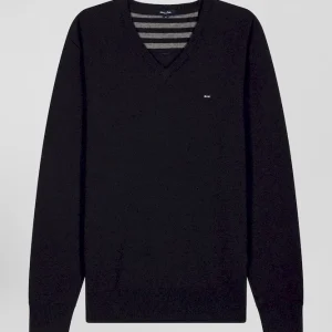 Alternative view of Pull col V en laine et coton bleu marine demi-lune cerclée coupe Regular