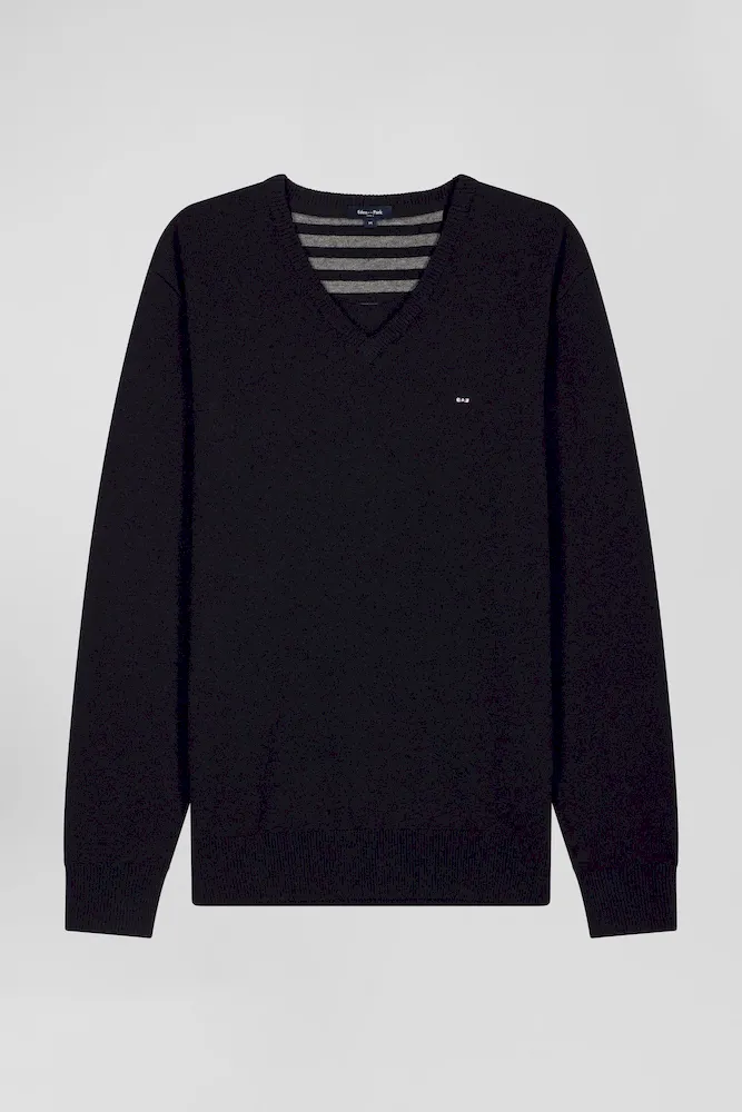 Pull Col V En Laine Et Coton Bleu Marine Demi-lune Cerclée Coupe Regular